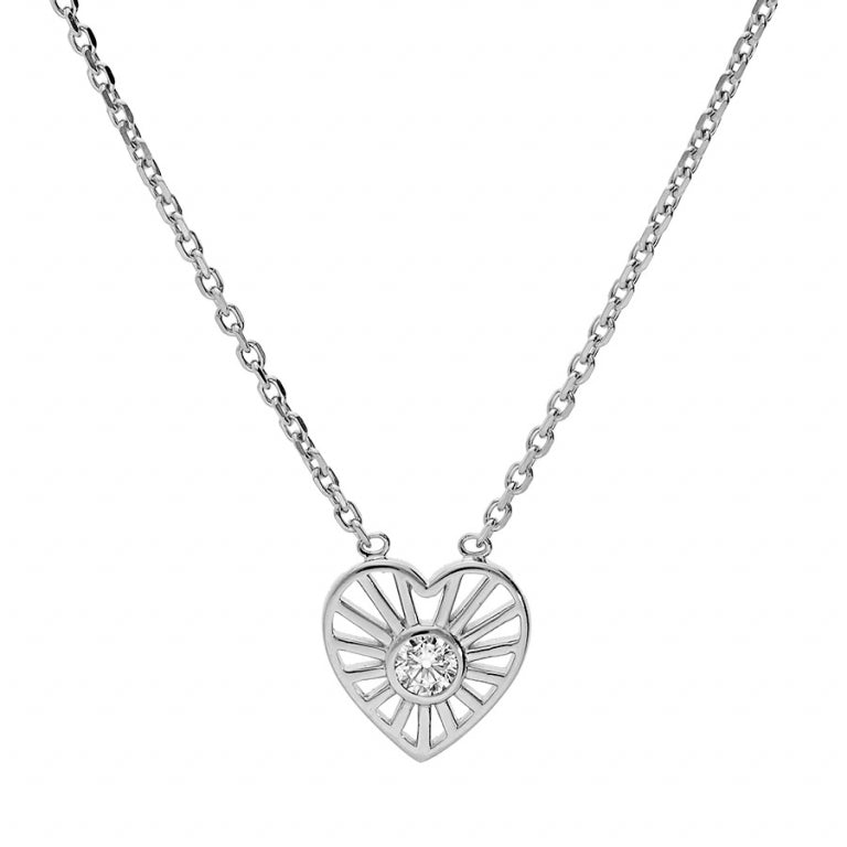 Collier mode cœur soleil en argent 925 rhodié avec oxydes blancs
