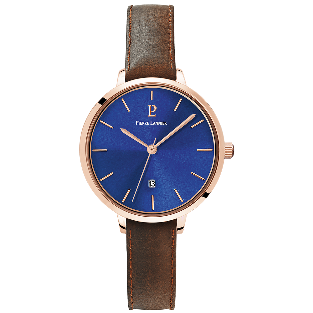 Montre femme Pierre Lannier ECHO 032K964 – cadran bleu bracelet cuir brun – vue de face