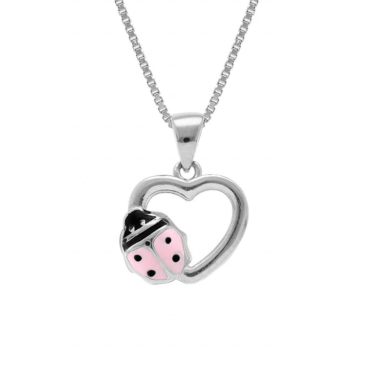 Collier mode cœur avec coccinelle en argent 925 rhodié résine rose