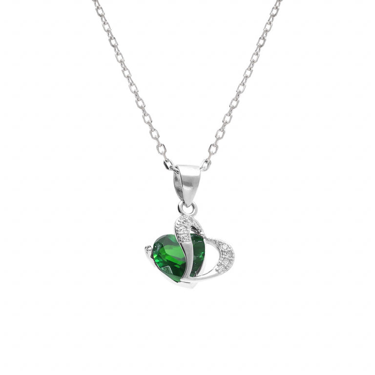 Collier mode double cœur en argent 925 rhodié avec oxydes verts
