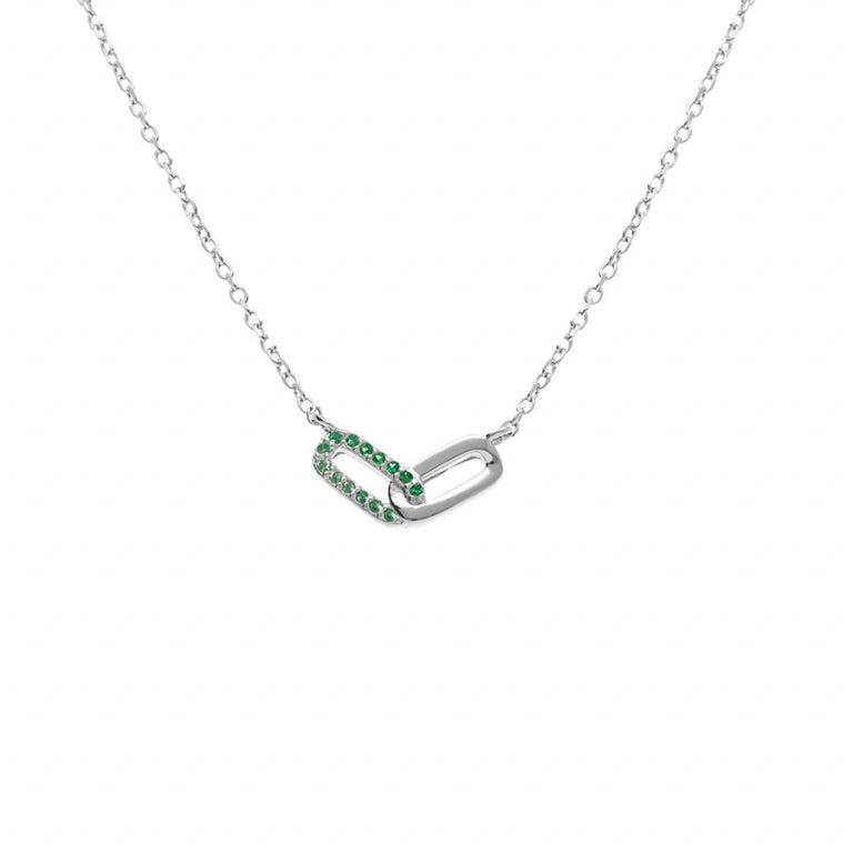 Collier rectangles entrelacés en argent 925 rhodié avec oxydes verts