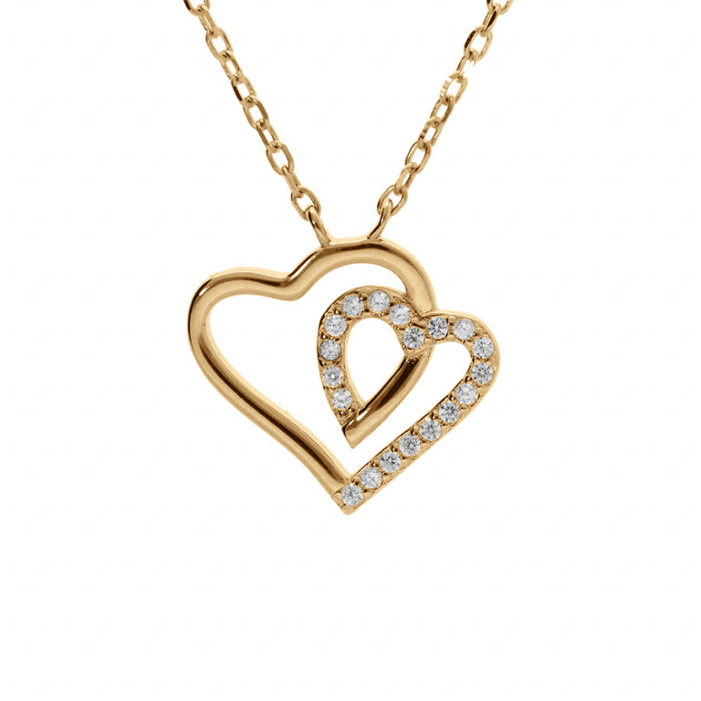 Collier double cœur oxydes blancs en argent 925 doré – Azuline