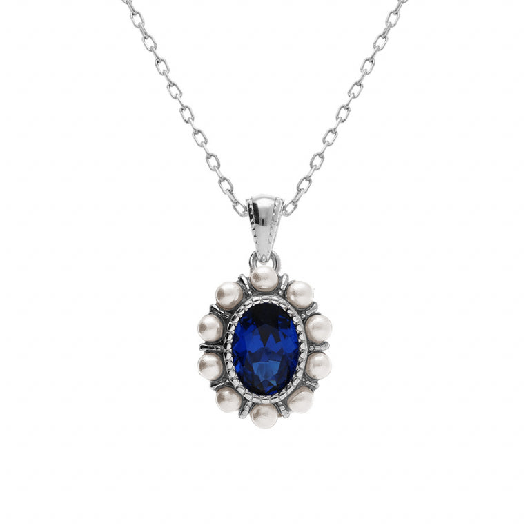 Collier motif ovale avec oxydes bleus en argent 925 rhodié