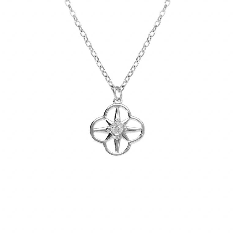 Collier mode fleur en argent 925 rhodié avec oxydes de zirconium blanc
