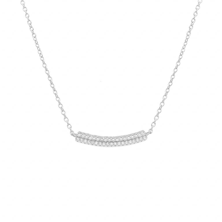 Collier mode barre incurvée pavé oxydes blancs en argent 925 rhodié