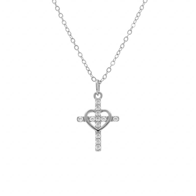 Collier mode croix cœur en argent 925 rhodié avec oxydes blancs