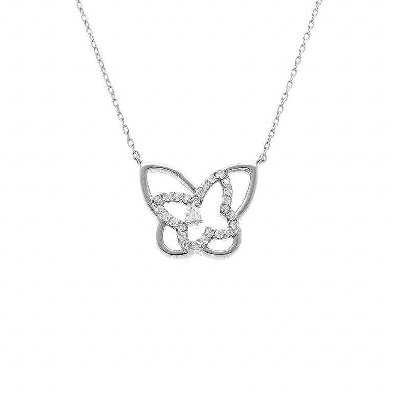 Collier mode papillons en argent 925 rhodié avec oxydes blancs
