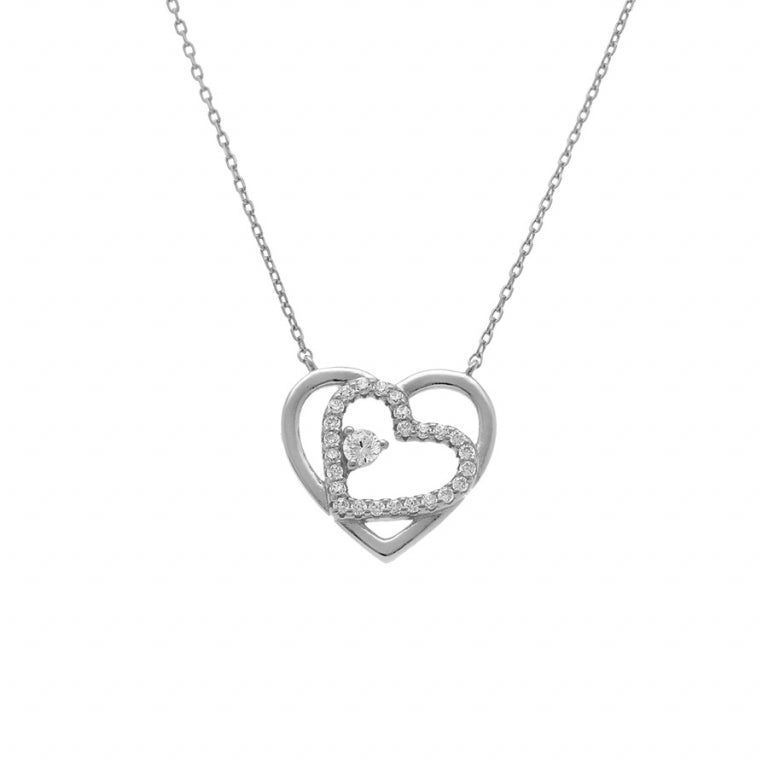 Collier mode cœurs en argent 925 rhodié avec oxydes blancs