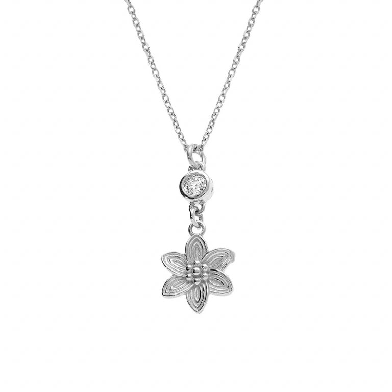 Collier mode fleur en argent 925 rhodié avec oxyde de zirconium blanc