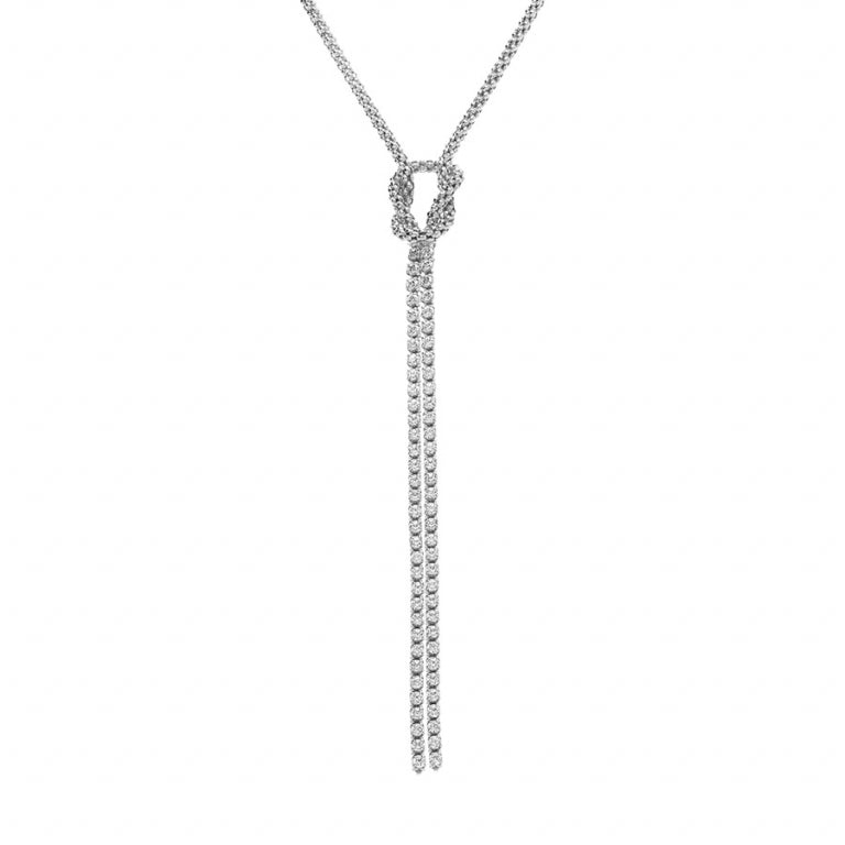 Collier forme cravate en argent 925 rhodié avec oxydes de zirconium blancs sertis tennis