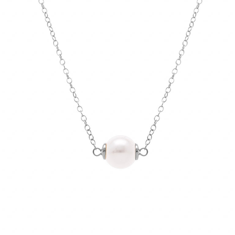 Collier perle blanche imitation en argent 925 rhodié