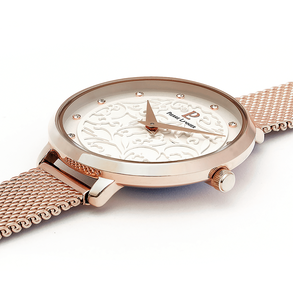 Halvmatt vit urtavla, roséguld visare, elegant bezel Pierre Lannier 039L908