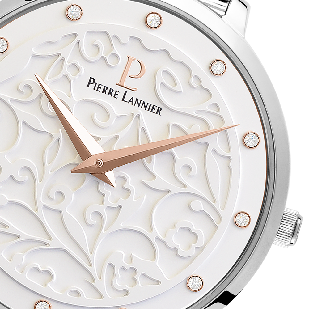 Mostrador branco semifosco, ponteiros em ouro rosa, moldura elegante Pierre Lannier 040J608