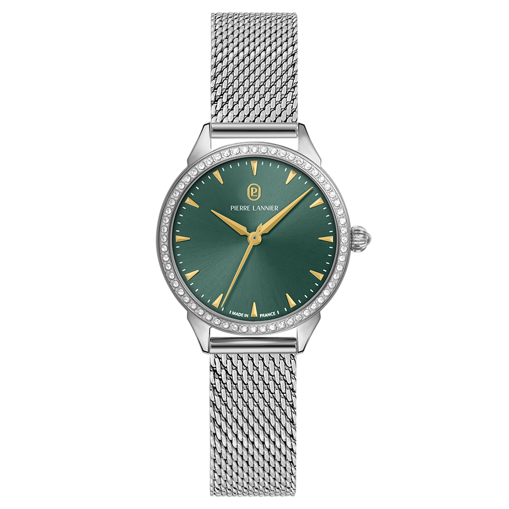 Montre femme Pierre Lannier ASTORIA 040K671 – cadran vert bracelet milanais argenté – vue de face