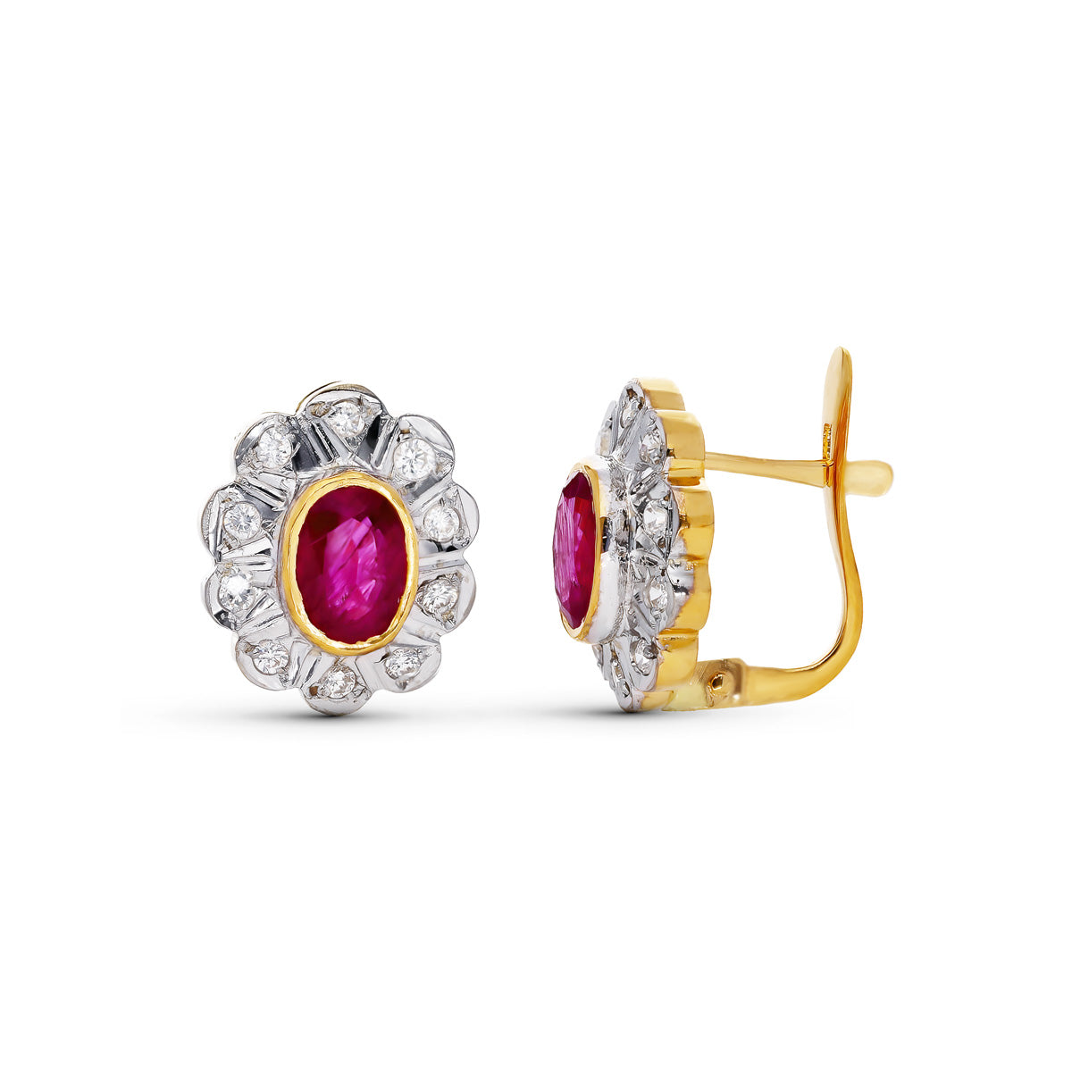 Pendientes de Oro Bicolor de 18K con Piedra Ovalada y Cierre Catalán de Circonitas