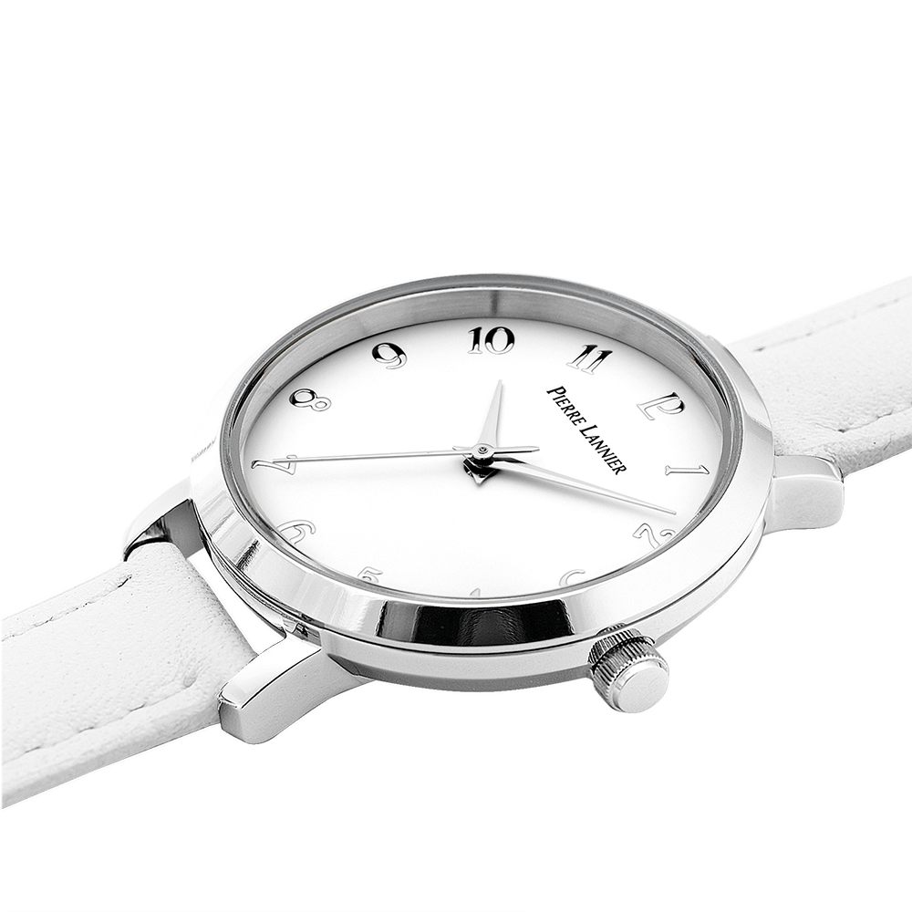 Glänsande vit urtavla, halvmatta visare, minimalistisk ram Pierre Lannier 046H600