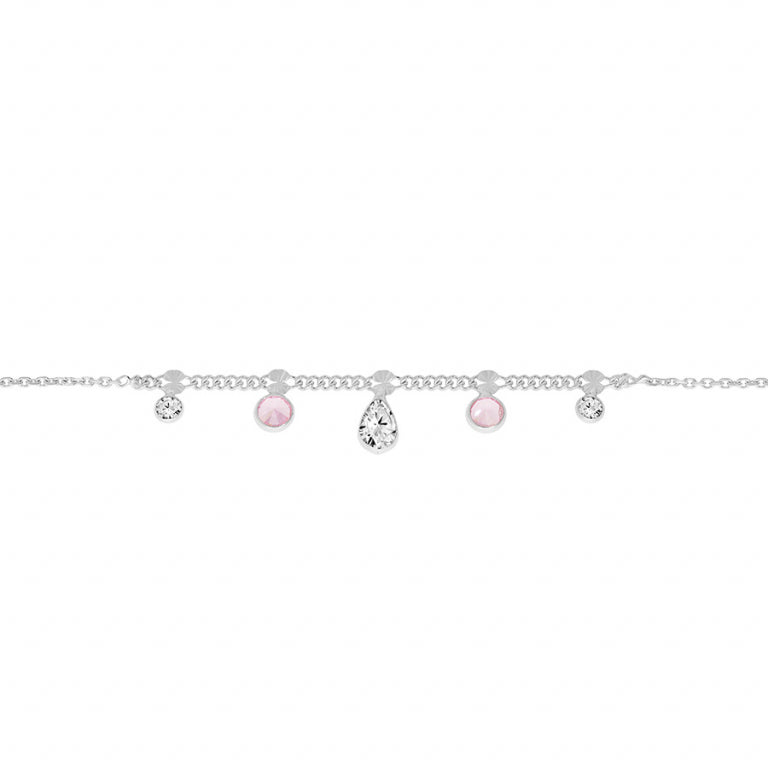 Chaine de cheville pampilles oxydes roses et blancs en argent 925 rhodié