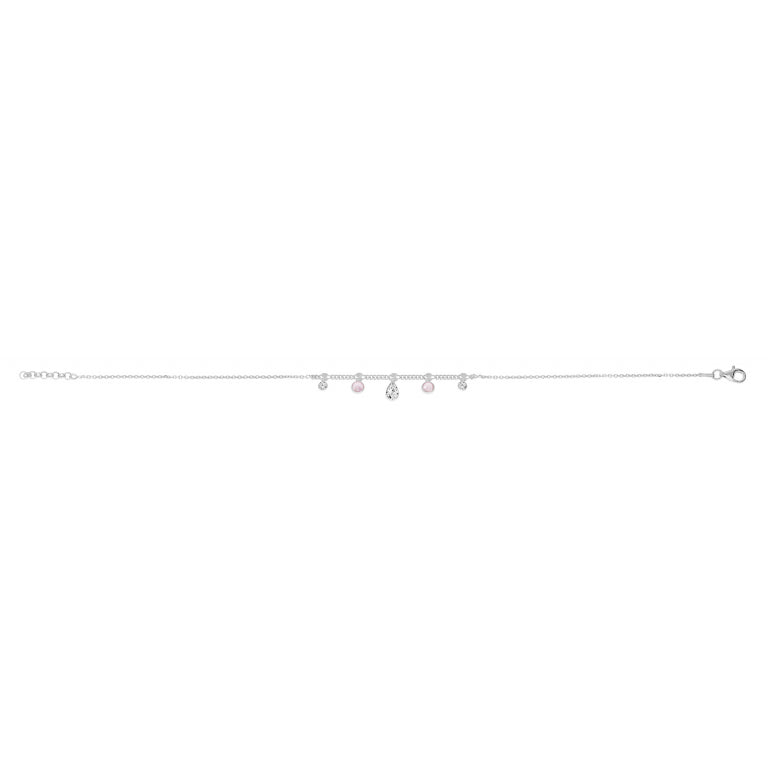 Chaine de cheville en argent 925 rhodié avec pampilles oxydes roses et blancs