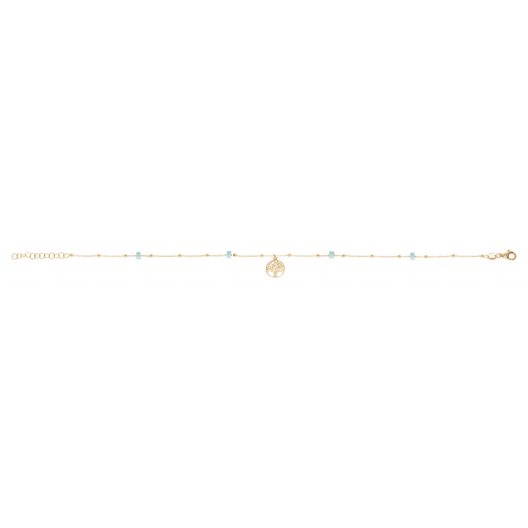 Chaîne de cheville argent 925 plaqué or motif arbre de vie et turquoise véritable