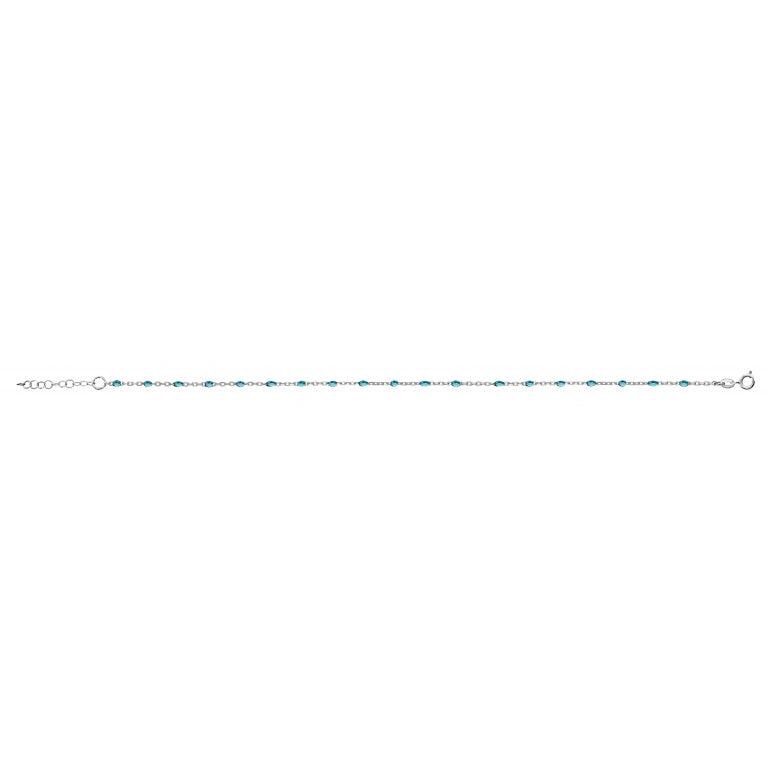 Chaîne de cheville argent 925 rhodié avec motifs olives bleu transparent