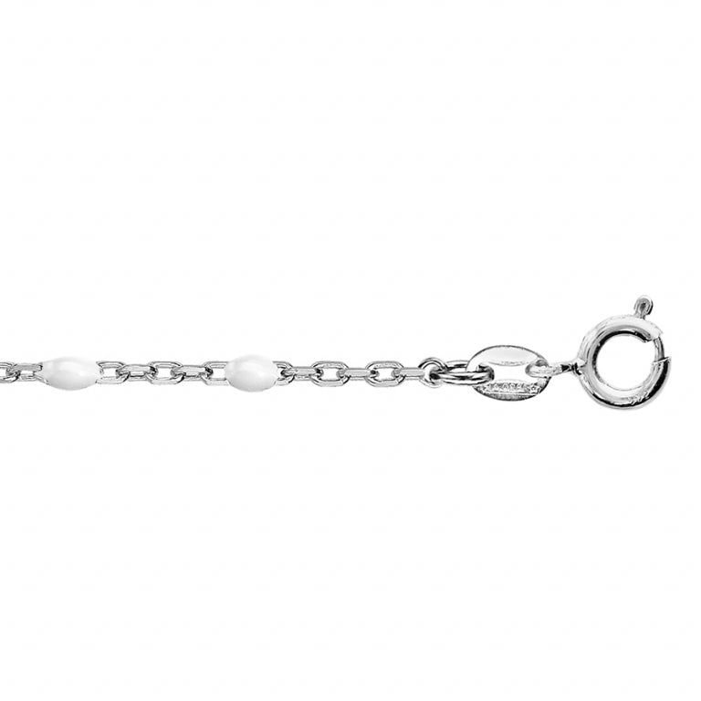 Chaîne de cheville olives en argent 925 rhodié avec résine blanche
