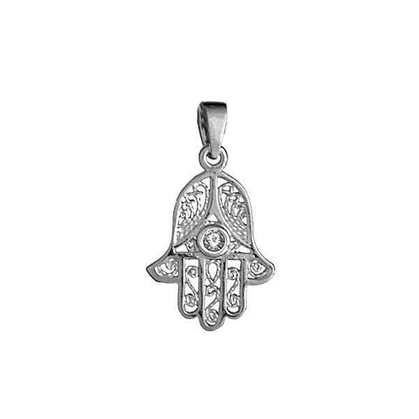 Pendentif main de Fatma en argent 925 rhodié avec oxydes blancs