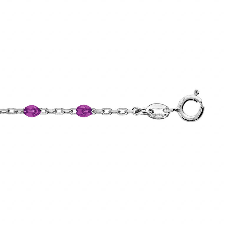 Chaîne de cheville en argent 925 rhodié avec olives en résine violet transparent