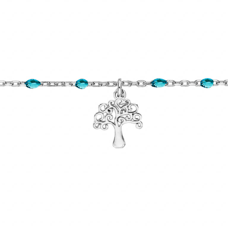 Chaîne de cheville arbre de vie en argent 925 rhodié avec résine bleu transparent