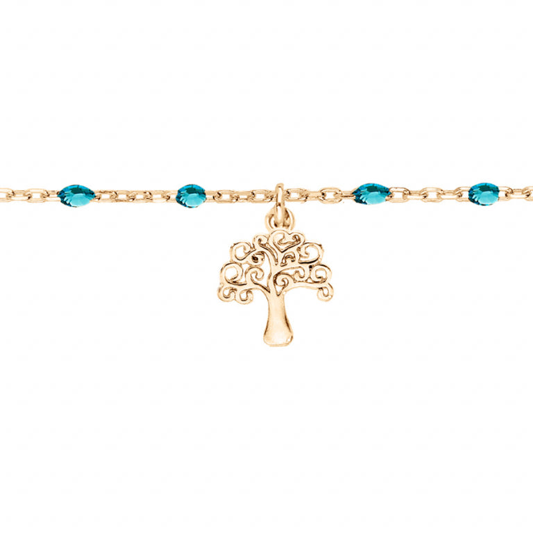 Chaîne de cheville arbre de vie en argent 925 avec résine bleu transparent