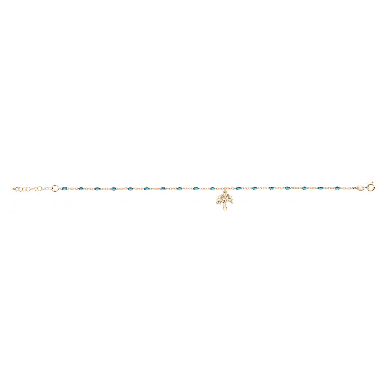 Chaîne de cheville argent 925 motif arbre de vie dorure jaune et résine bleu transparent