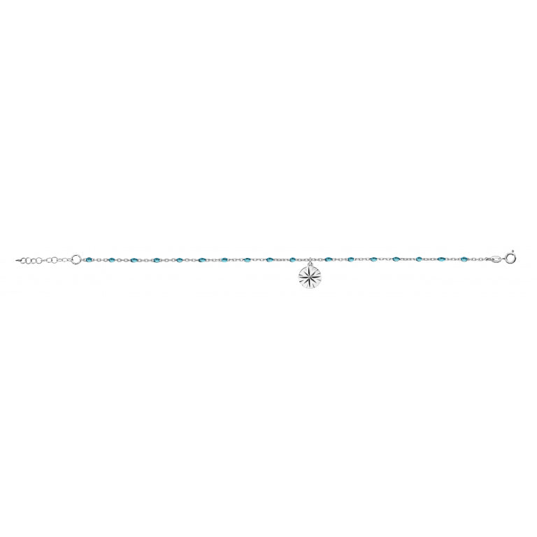 Chaîne de cheville argent 925 rhodié motif soleil et olives bleu transparent