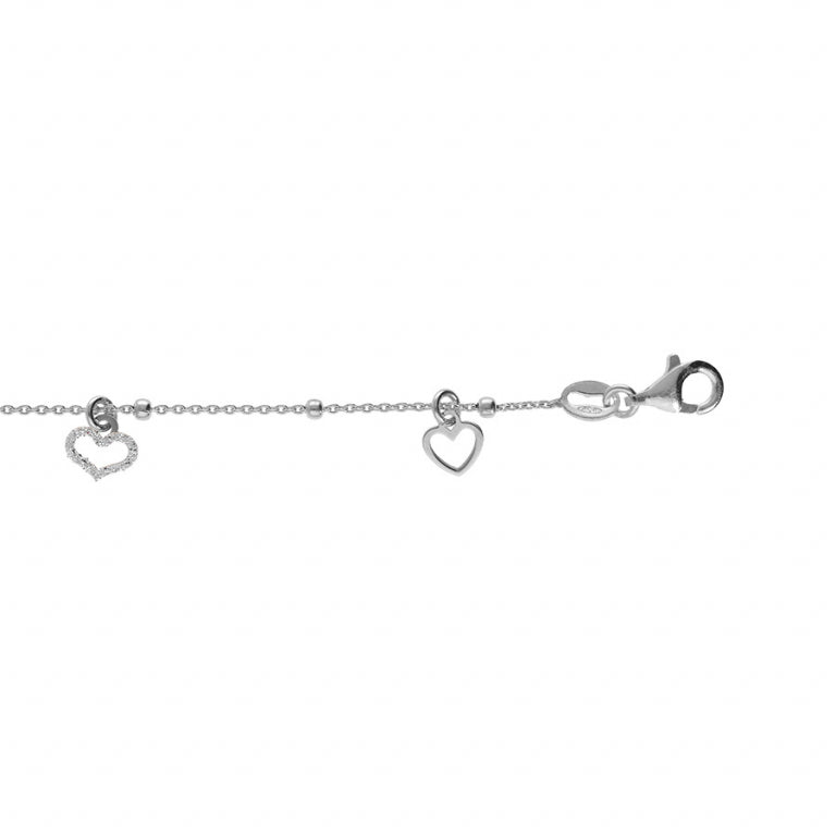 Chaîne de cheville en argent 925 rhodié avec pampilles cœurs lisses et givrés