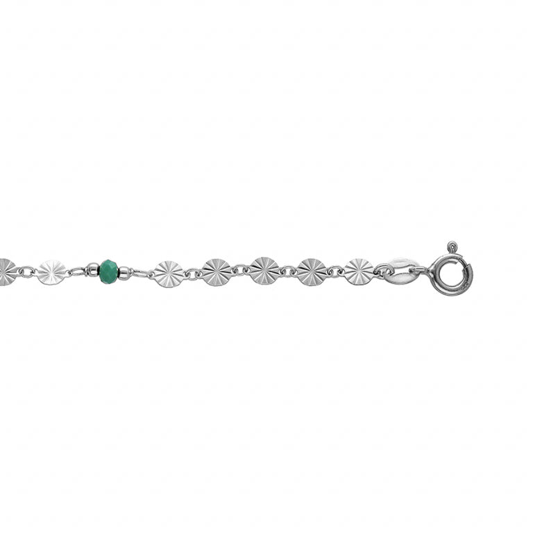 Chaîne de cheville pastilles diamantées en argent 925 rhodié avec pierres synthétiques vertes facettées