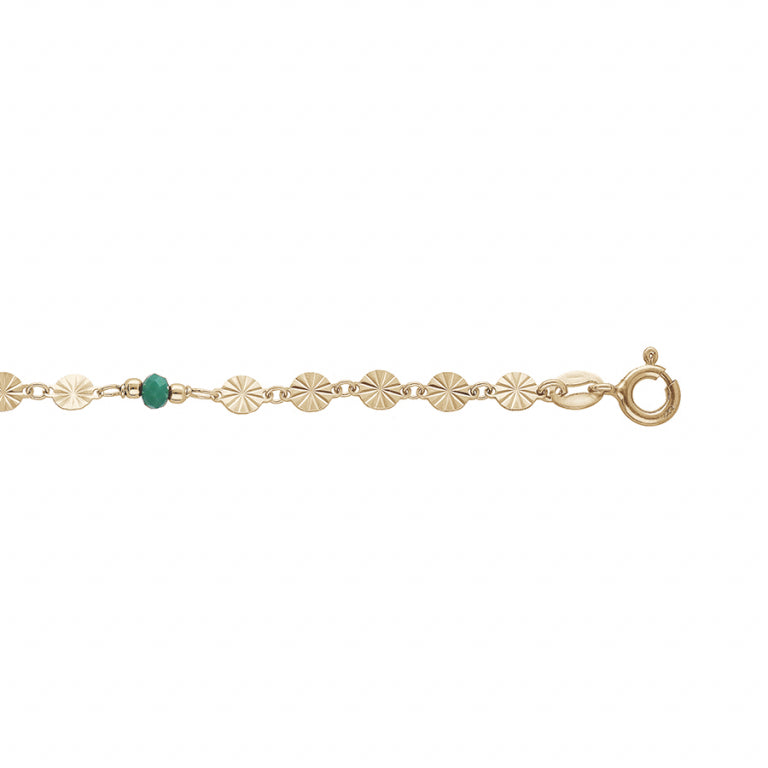 Chaîne de cheville pastilles diamantes en argent 925 plaqué or avec pierre synthétique verte facettée
