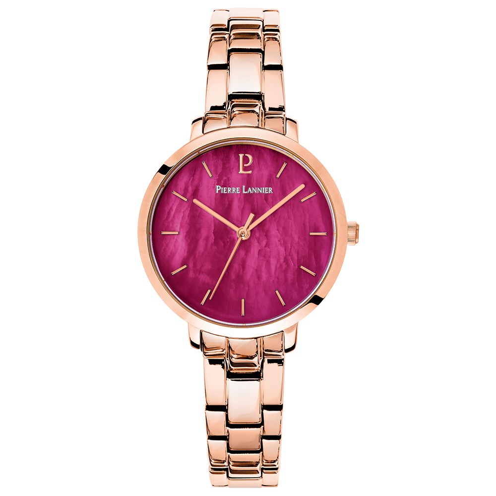 Montre femme Pierre Lannier AURA 055M958 – cadran framboise bracelet acier doré rose – vue de face