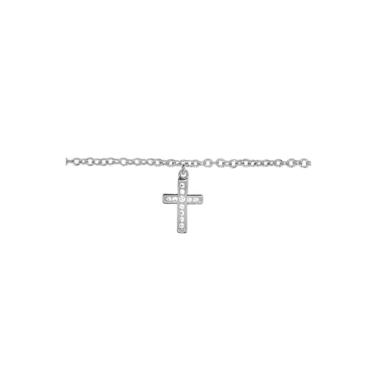 Chaîne de cheville croix en argent 925 rhodié avec oxydes blancs sertis