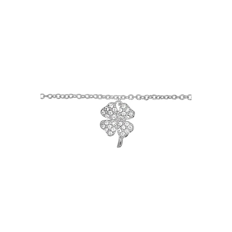Chaîne de cheville trèfle en argent 925 rhodié avec oxydes de zirconium blancs