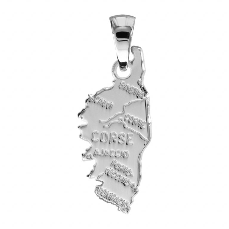 Pendentif carte Corse gravée en argent 925 rhodié