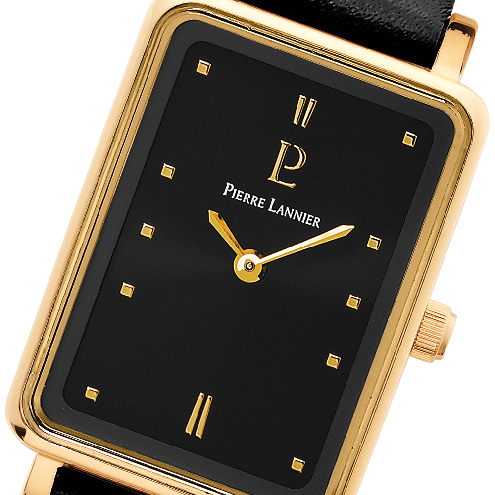 Blank sort urskive, gyldne visere, tidløs bezel Pierre Lannier 057H533