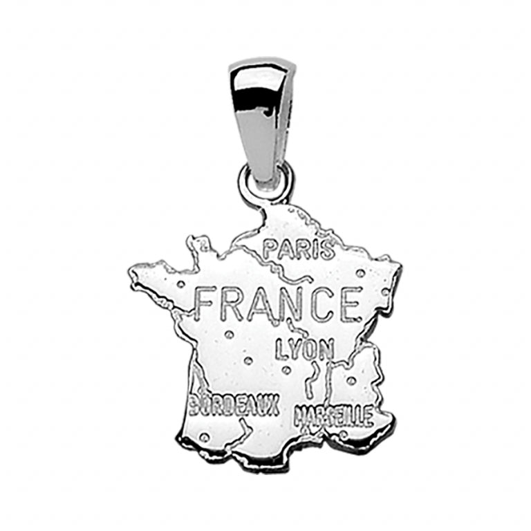 Pendentif mode carte de la France en argent 925 sur fond blanc