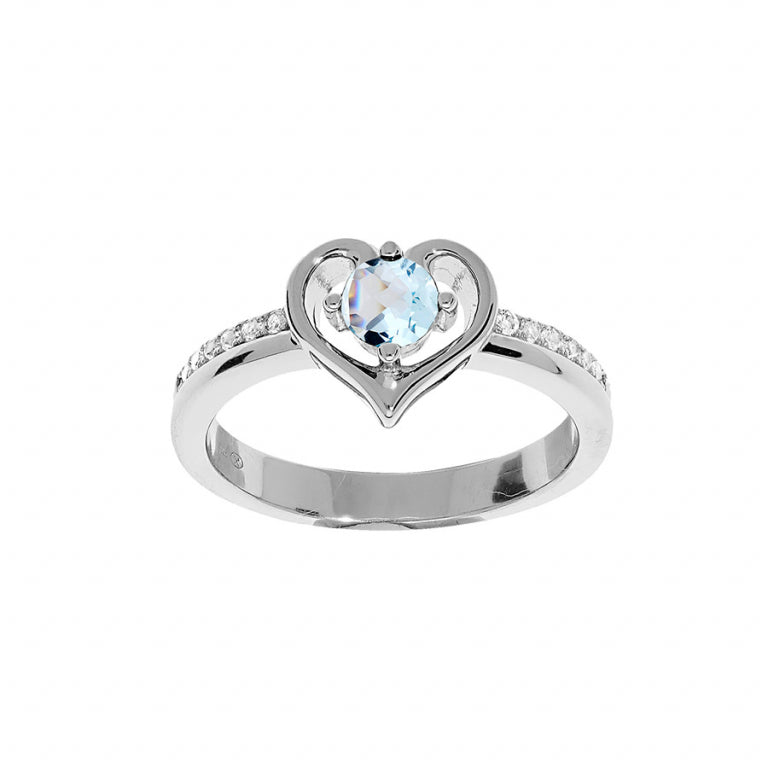 Hartring van gerhodineerd 925 zilver met echte blauwe topaas en witte oxiden