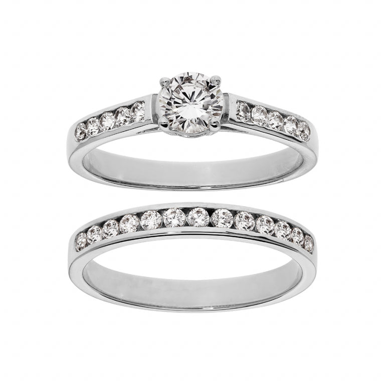 Doppelring aus rhodiniertem 925er Silber mit weißen Zirkonoxiden