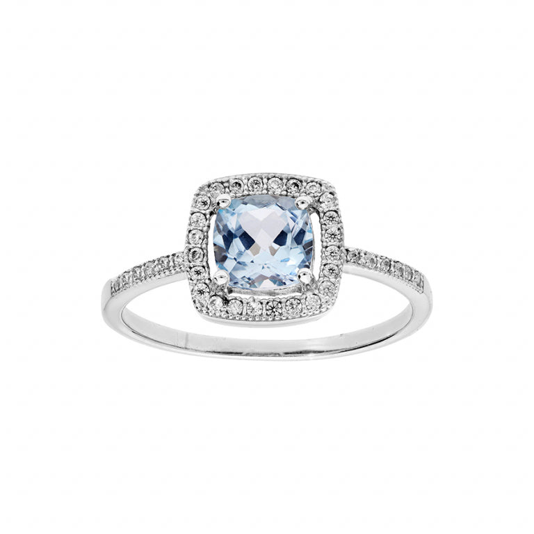 Square ring in rhodium-plated 925 silver with blue topaz and white oxides