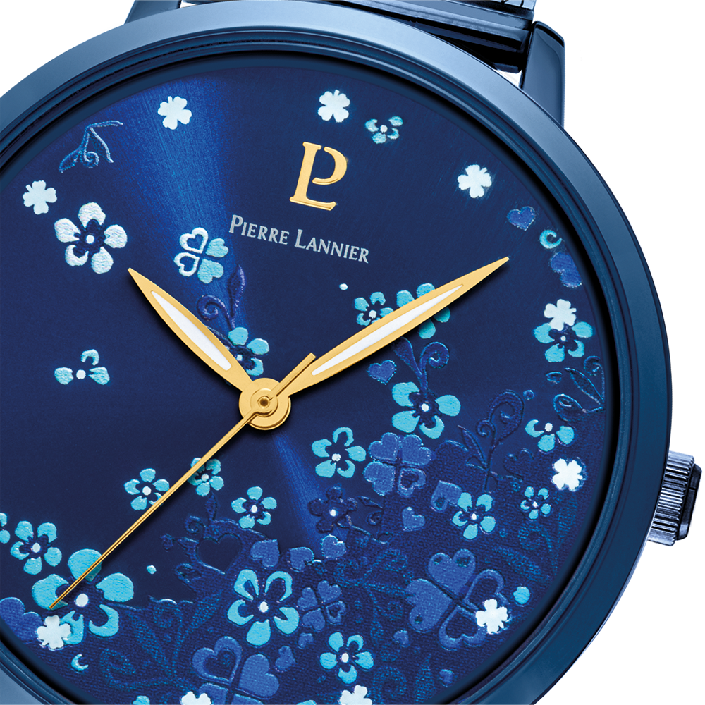 ميناء أزرق على شكل أشعة الشمس، عقارب على شكل زهرة، إطار أزرق من Pierre Lannier 063G869