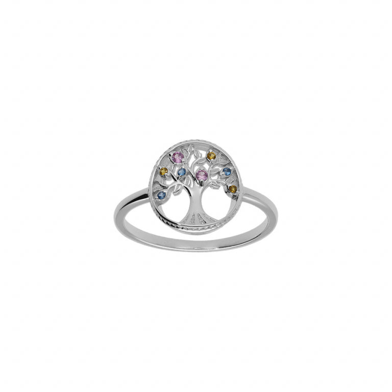 Bague arbre de vie en argent 925 rhodié avec oxydes multicolores