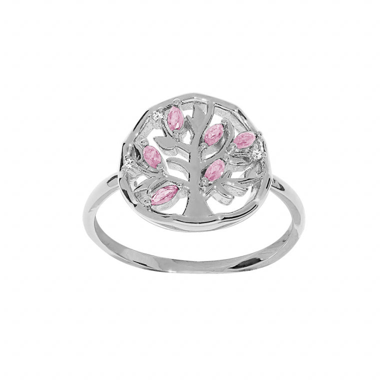 Levensboomring van gerhodineerd 925 zilver met roze oxiden