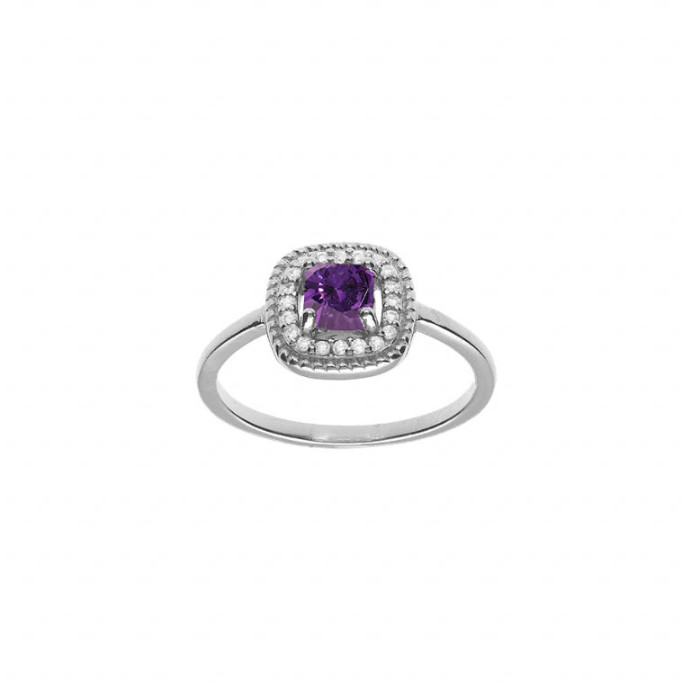 Bague carré en argent 925 rhodié avec oxydes de zirconium violets