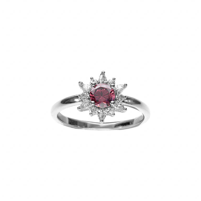 Flower ring in rhodium-plated 925 silver with central pink zirconium oxide