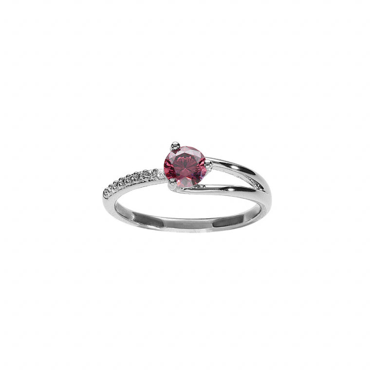 Solitaire ring in rhodium-plated 925 silver with pink oxide and white zirconium oxides