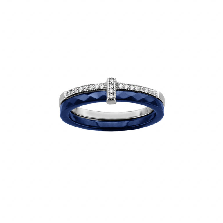 Dubbele ring van gerhodineerd 925 zilver met blauw keramiek en witte oxiden